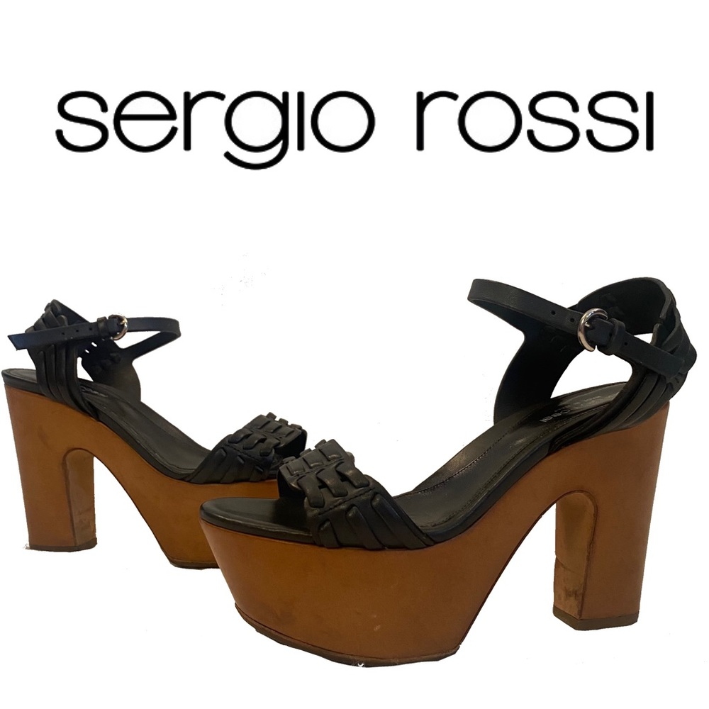 SERGIO ROSSI black leather wooden platform shoes